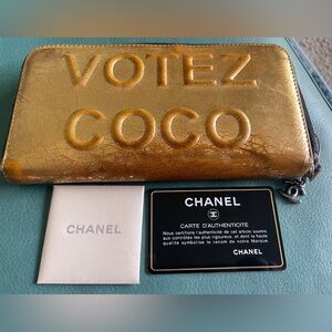 Chanel Votez Coco Zip Around Wallet Embossed Leather Gold